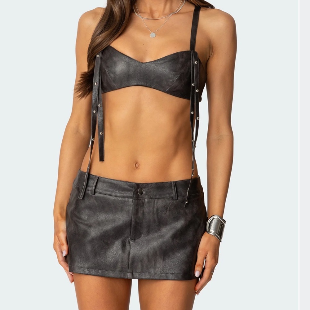 Edikted Sadaf Faux Leather Mini Skort and Sadaf Faux Leather Bra Top set
